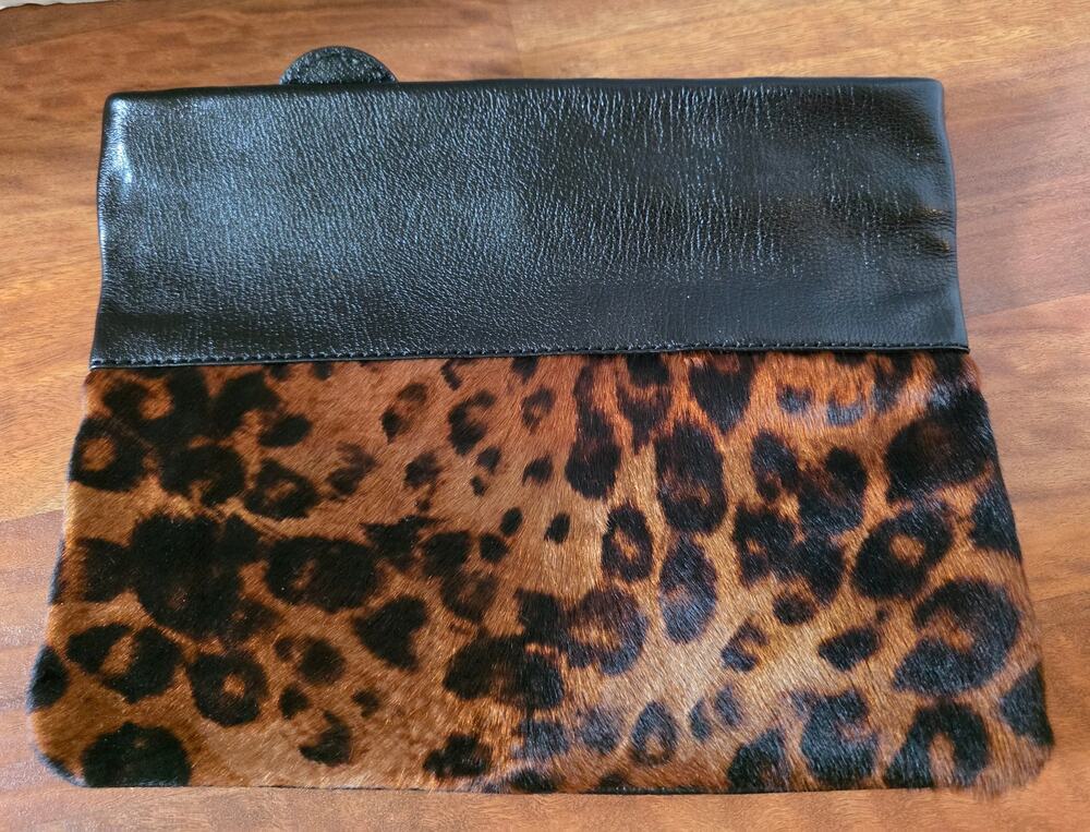 Antonio Melani Leather Calf Hair Leopard Print Clutch Bag 12 x 9
